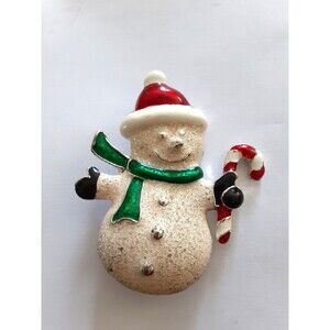 VTG Signed SFJ Christmas Snowman glittery enamel Brooch Pin 2"